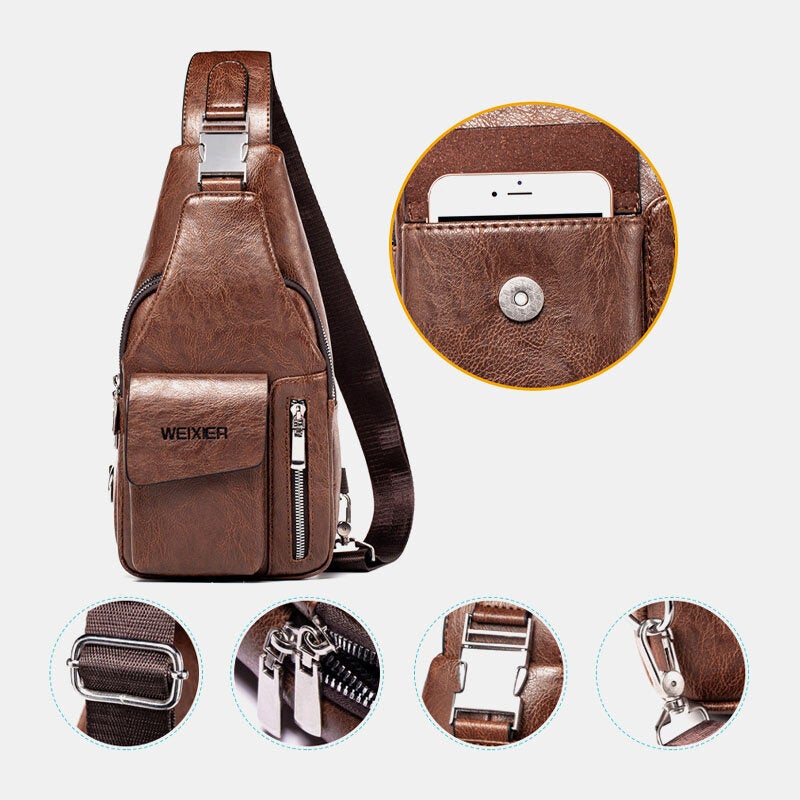 Men PU Leather Multifunctional Large Capacity Waterproof 6.5Inch Phone Bag Chest Crossbody Bags