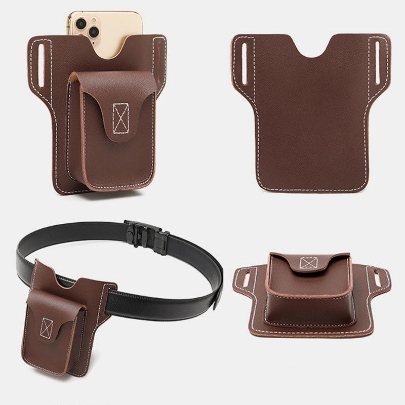 Men PU Leather Flap-Over Cigaret Box Waist Bag Casual 5.5 Inch Phone Bag Belt