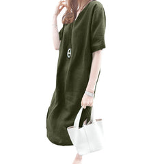 Solid Split Round Neck Short Sleeve Casual Cotton Midi Dress