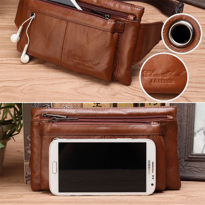 Men Multifunction Ultra-thin Multi-pocket Chest Bag Retro Casual 6.5 Inch Phone Bag Cowhide Crossbody Bags Shoulder