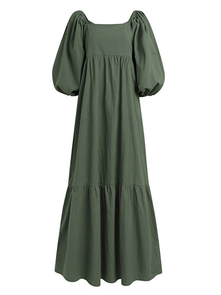 Women 100% Cotton Puff Sleeve Square Neck Maxi Dresses With Side Pocket