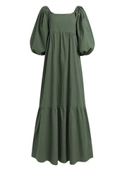 Women 100% Cotton Puff Sleeve Square Neck Maxi Dresses With Side Pocket