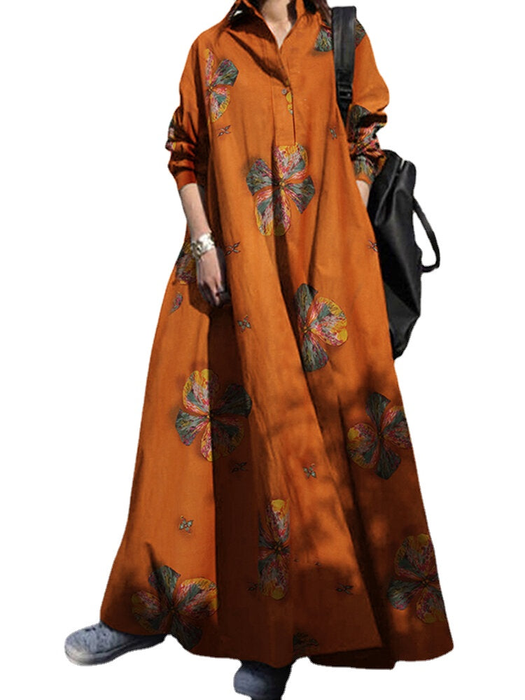 Women Retro Floral Print Lapel Bohemian Loose Long Sleeve Maxi Shirt Dress With Pocket