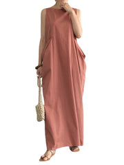 Women Elegant Solid Color Side Pockets Design Sleeveless Casual Maxi Dress