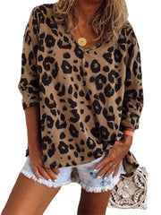 Women Classic Leopard Print V-Neck Long Sleeve Loose Blouses