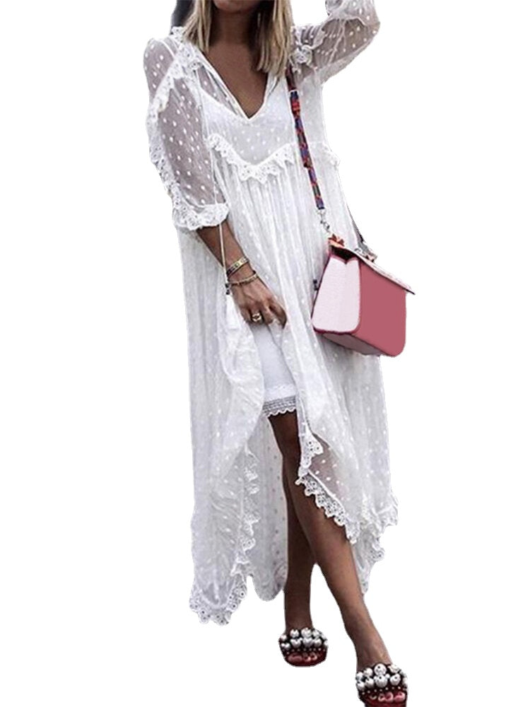 Summer Women V Neck Long Sleeve See Through Casual Loose Lace Maxi Dress