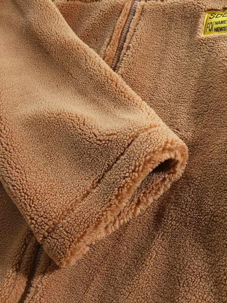 Mens Letter Applique Fleece Warm Plush Thick Jacket With Pocket