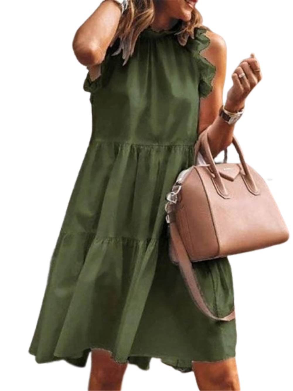 Women's Sleeveless Pure Color Ruched Crew Neck Elegant Dress