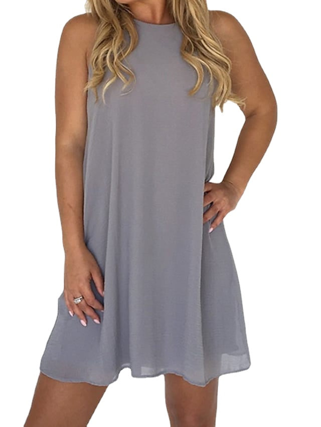 Women's Sleeveless Pure Color Mesh Crew Neck Simple Dress