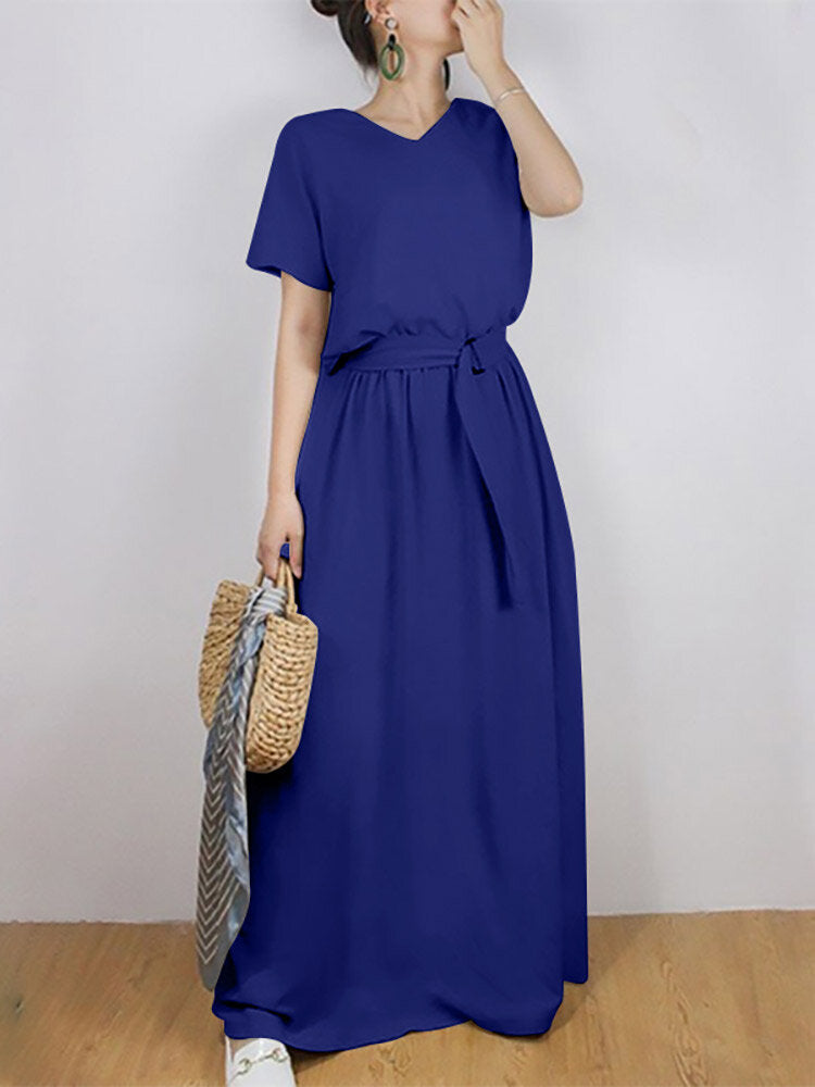 Solid Sash Elastic Waist Short Sleeve Casual Maxi Dress