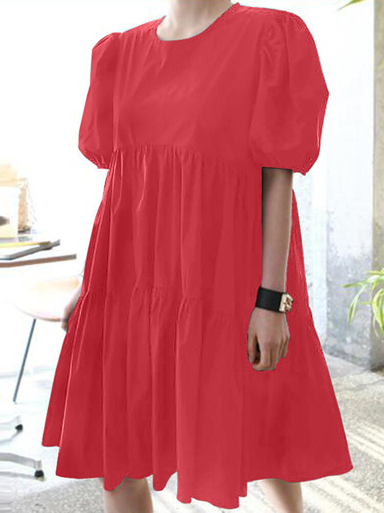 Women Solid Color Tiered Round Neck Stitching Casual Short Sleeve Midi Dresses