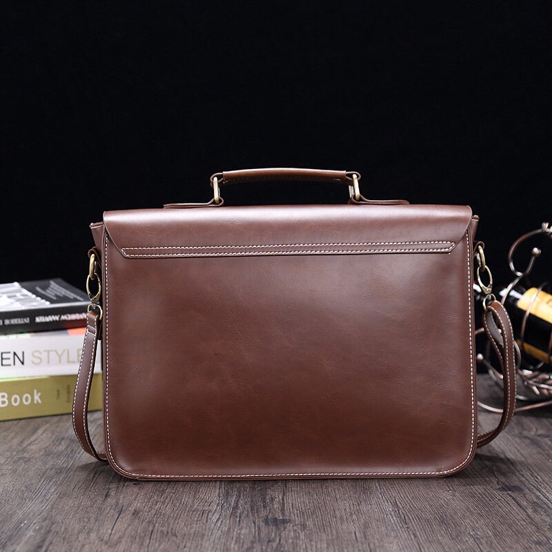 Men PU Leahter Large Capacity Cover Briefcase Retro Waterproof Wear-resistant Horizontal Crossbody Bags Shoulder Bag Messenger