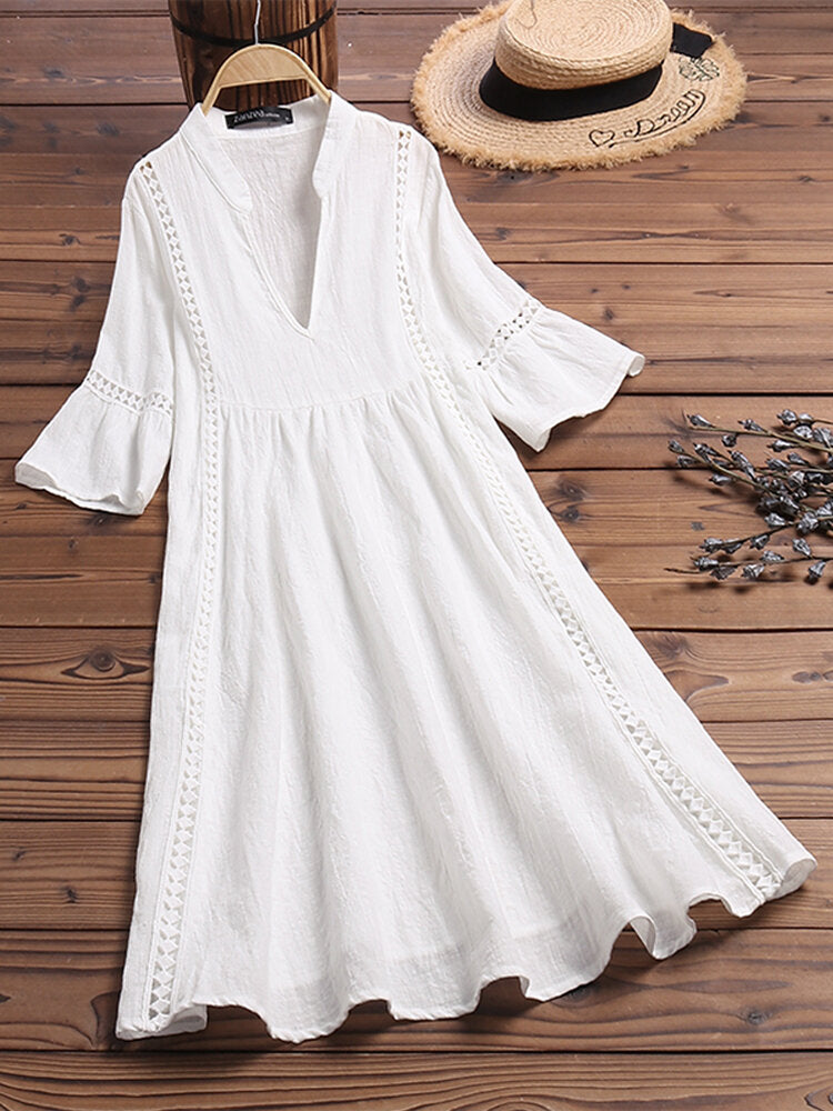 Women Short Sleeve V-neck Lace Hollow Solid Casual Dress