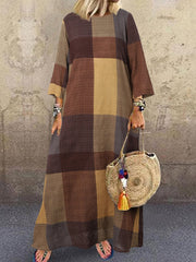 Women Plaid Printing Crew Neck 3/4 Sleeve Daily Loose Casual Maxi Dress