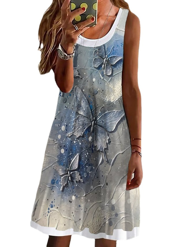 Women's Casual Dress Tank Dress Summer Dress Butterfly Fake two piece Print Crew Neck Mini Dress Fashion Modern Outdoor Daily Sleeveless Regular Fit Blue Summer Spring