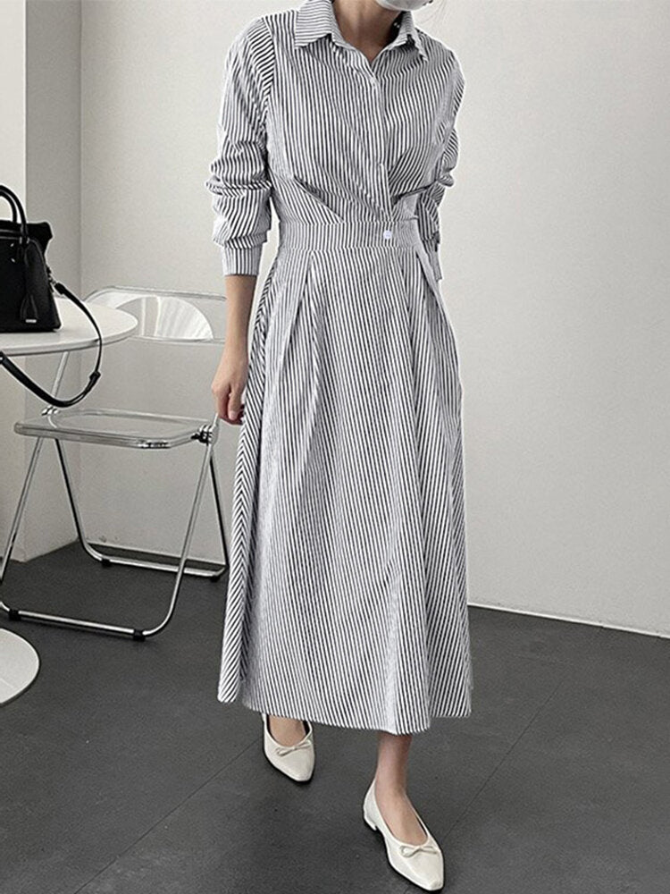 Stripe Print Lapel Long Sleeve Button Elastic Waist Shirt Dress