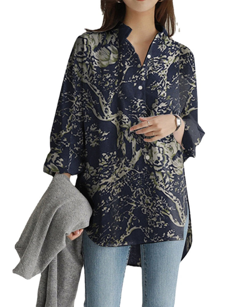 Women Floral Print Lapel Collar High Low Split Hem Long Sleeve Casual Shirts