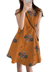 Flower Print Cotton Round Neck Sleeveless Casual Midi Dress