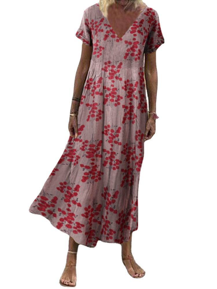 Floral Print V-Neck Leisure Holiday Maxi Dress