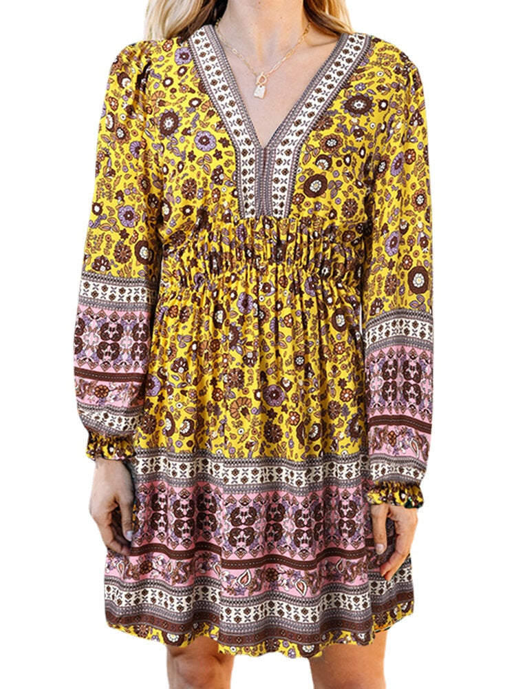 Ethnic Print Patchwork Lantern Sleeve Elastic Waist Midi Dress