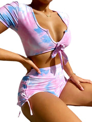 Tie Dye Short Sleeve Knotted Top Side Drawstring Shorts Holiday Casual High Waist Women Bikini