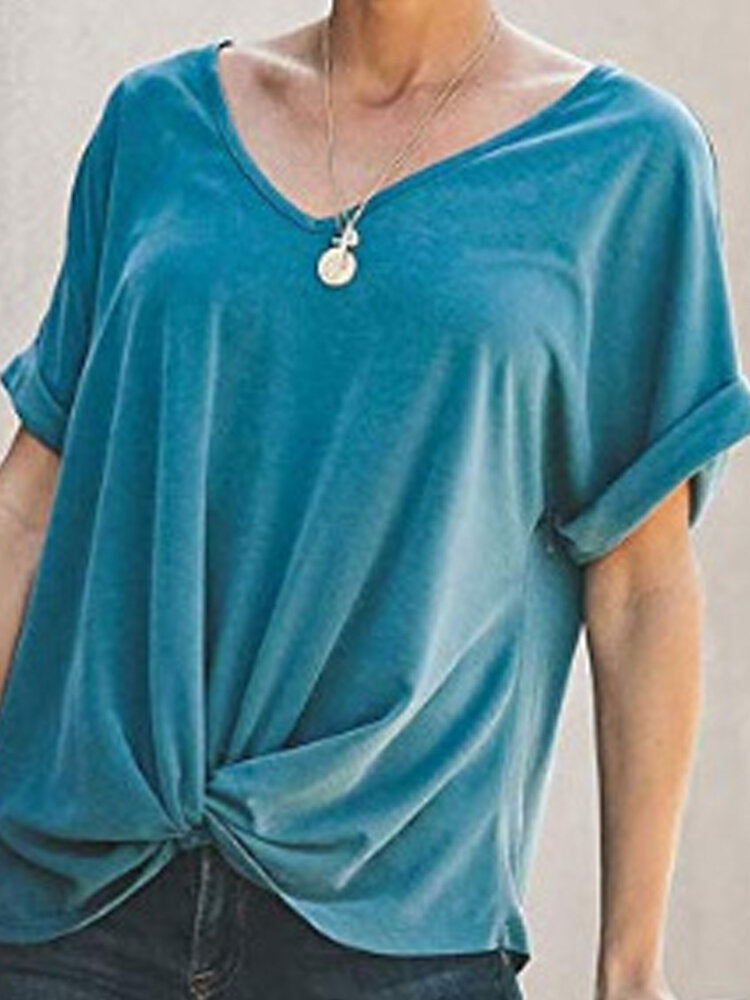 Women Casual Solid Color O-neck Short Sleeve Knot Blouse