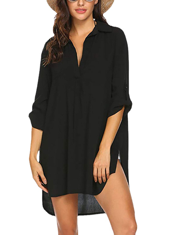 Women Solid Color Cover Up Loose Sun Protection High-Low Hem Beach Dress