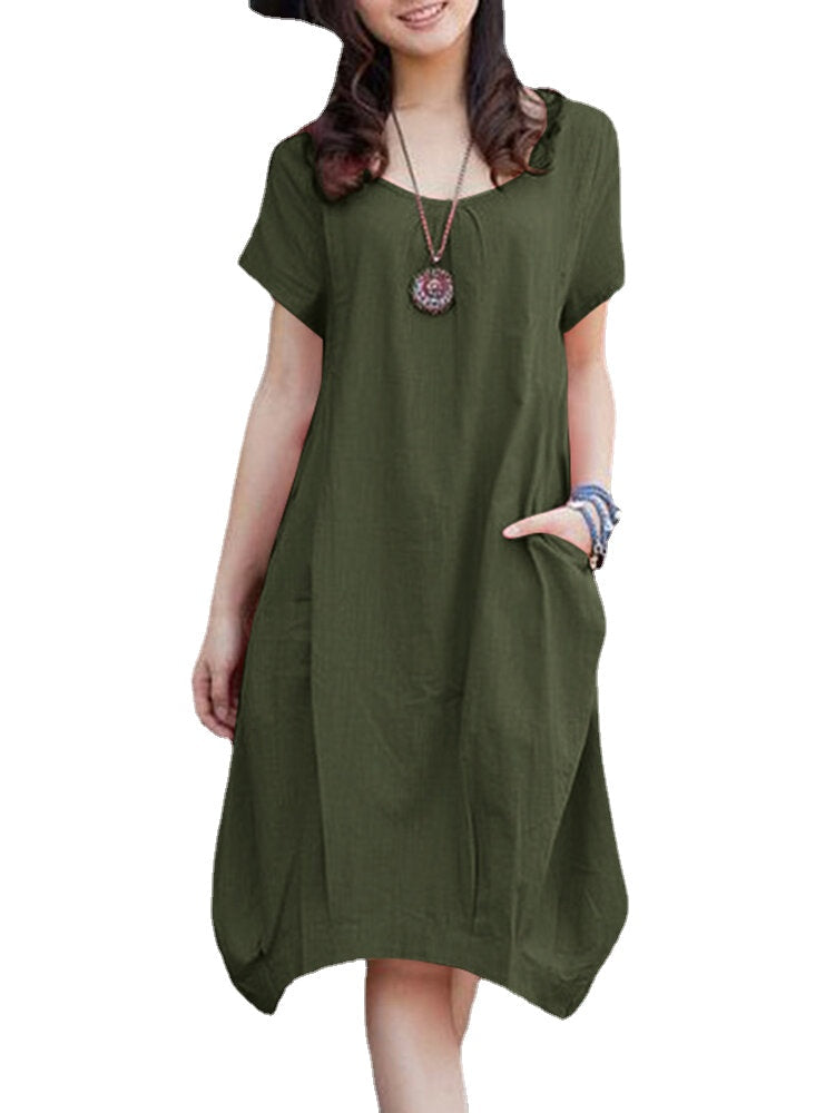 Solid Pocket Ruched Round Neck Short Sleeve Midi Dress