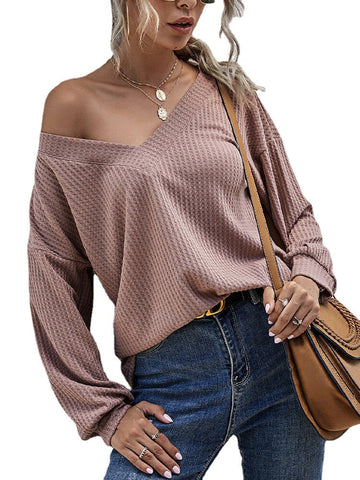 Women Texture Knit V-Neck Pure Color Long Sleeve Plain Sweaters