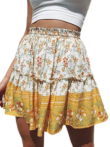 Ethnic Women Elastic Waist Floral Ruffle Pleated Printed Mini Short Skirts