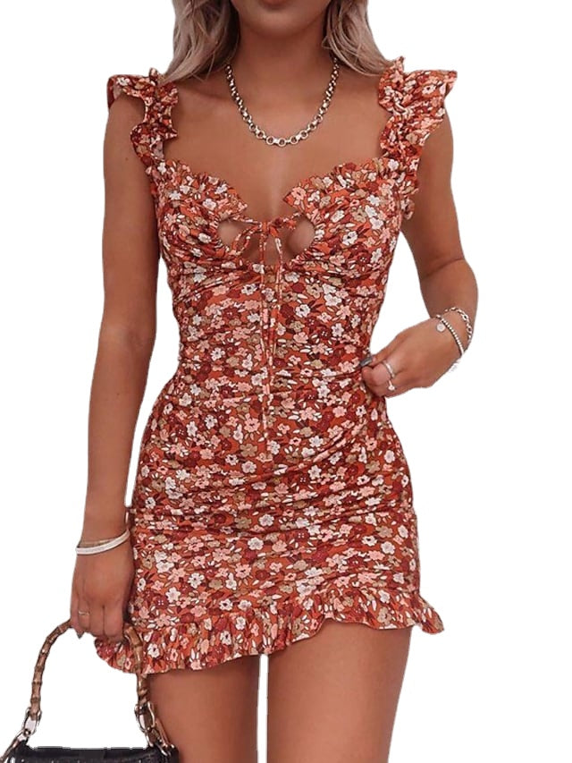 Women‘s Sleeveless Floral Print V Neck Stylish Beach Holiday Slim Dress