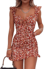 Women‘s Sleeveless Floral Print V Neck Stylish Beach Holiday Slim Dress