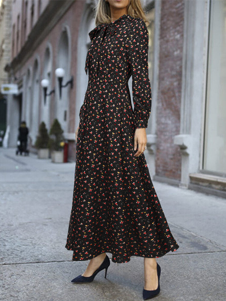 Women Floral Print Lace-Up Long Sleeve Side Zipper Casual Daily Maxi Dress