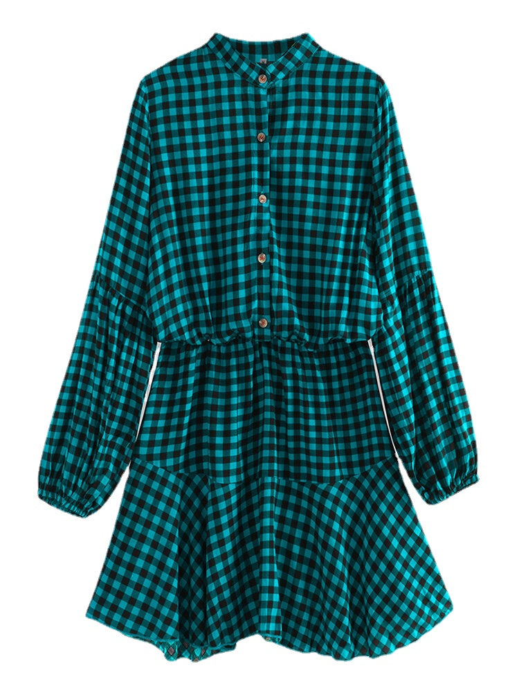 Long Sleveed Plaid Stand Collar Causal Shirt Dress For Women