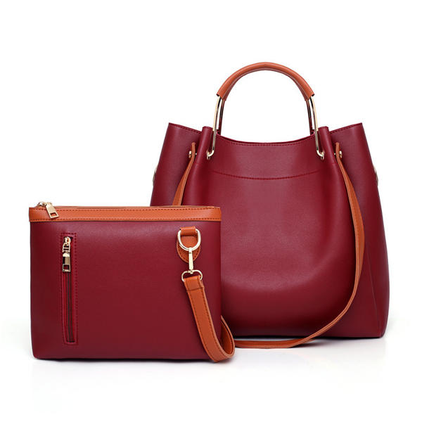 Women Leisure Faux Leather 2 Pcs Bucket Bag Crossbody Shoulder Handbag