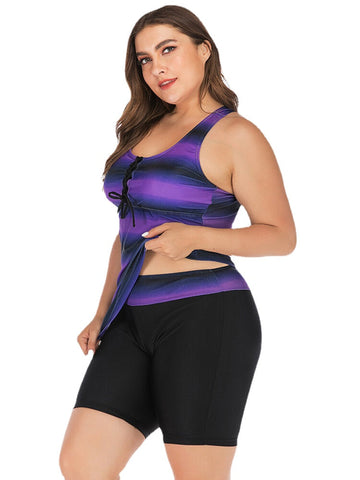 Plus Size Women Front Bandage Stripe Top Two-Piece Swimwear Cover Belly Tankinis