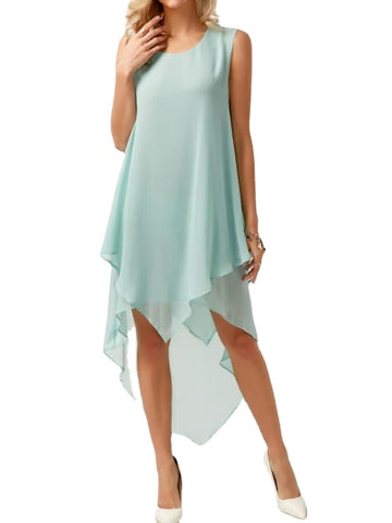 Women' Sleeveless Pure Color High Low Design V Neck Fashion Elegant Dress