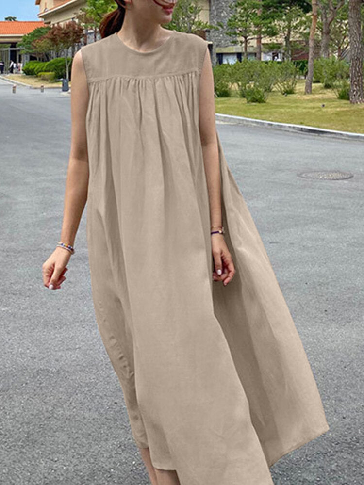 Solid Ruched Sleeveless Round Neck Casual Dress