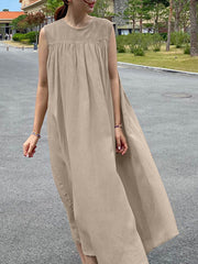 Solid Ruched Sleeveless Round Neck Casual Dress