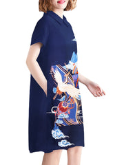 National Style Pattern Pocket Short Sleeve Midi Dress