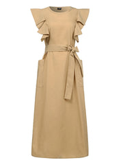 Women Sleeveless Crew Neck Belted Casual Maxi Dress