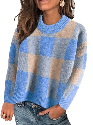 Women Plaid Printed knitted O-Neck Long Sleeve Plus Size Sweaters