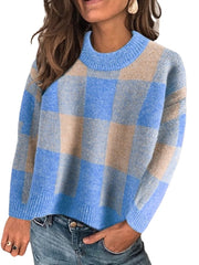 Women Plaid Printed knitted O-Neck Long Sleeve Plus Size Sweaters