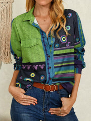 Women Mixed Pattern Patchwork Vintage Stylish Lapel Long Sleeve Shirt