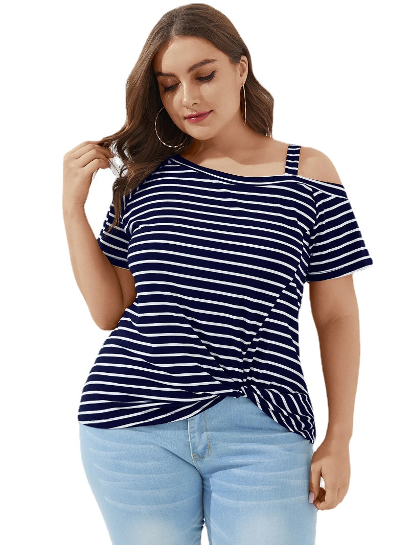 Plus Size Twist Striped Cold Shoulder Short Sleeve Casual Wild T-shirts