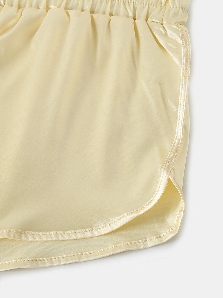 Mens Solid Color Soft Silk Breathable Loose Lightweight Home Elastic Mid Waist Boxers