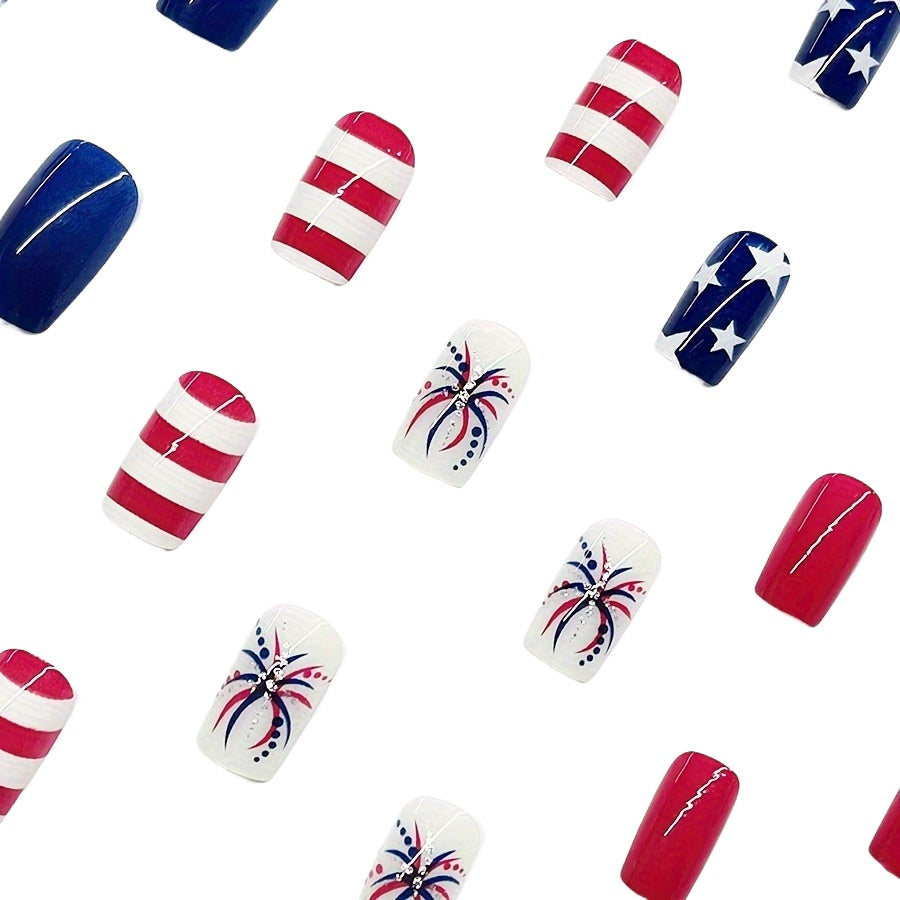 24-Piece Patriotic False Nails Set - Red, White & Blue - Durable Tips with Jelly Glue & File - Perfect Festive Gift