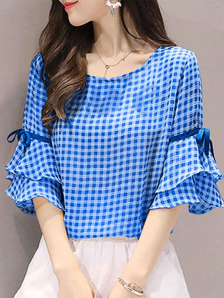 Plaid Knotted Patchwork Ruffle Sleeve Round Neck Blouse