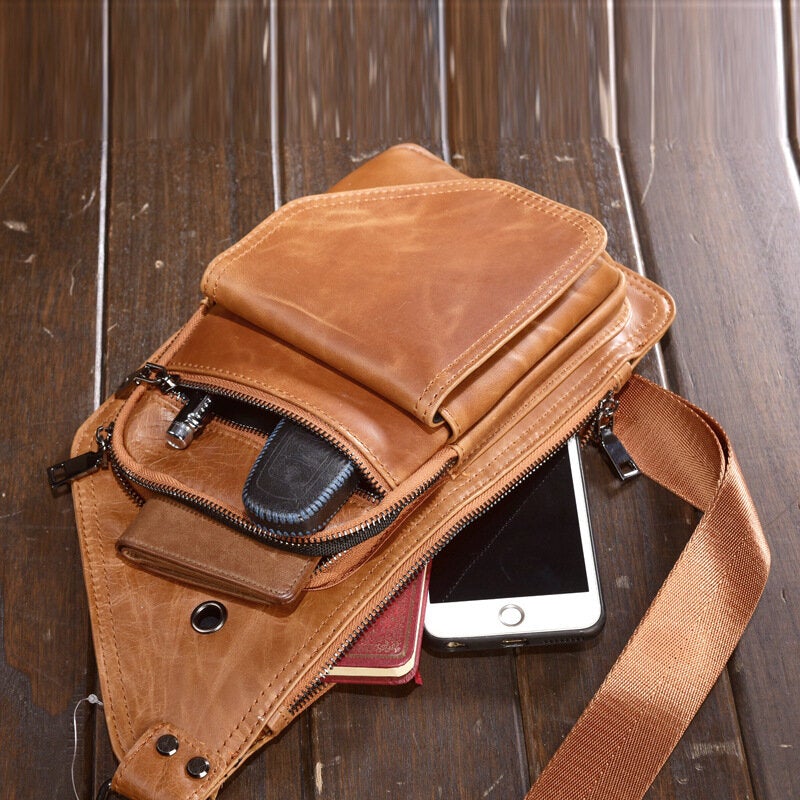 Men Genuine Leather Retro Multifunction Earphone Hole Crossbody Bag Chest Sling