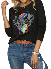 Women Landscape Print O-Neck Long Sleeve Casual Blouse